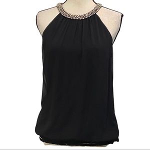 Express Blouse M Jeweled Neckline Chiffon Black Fully Lined